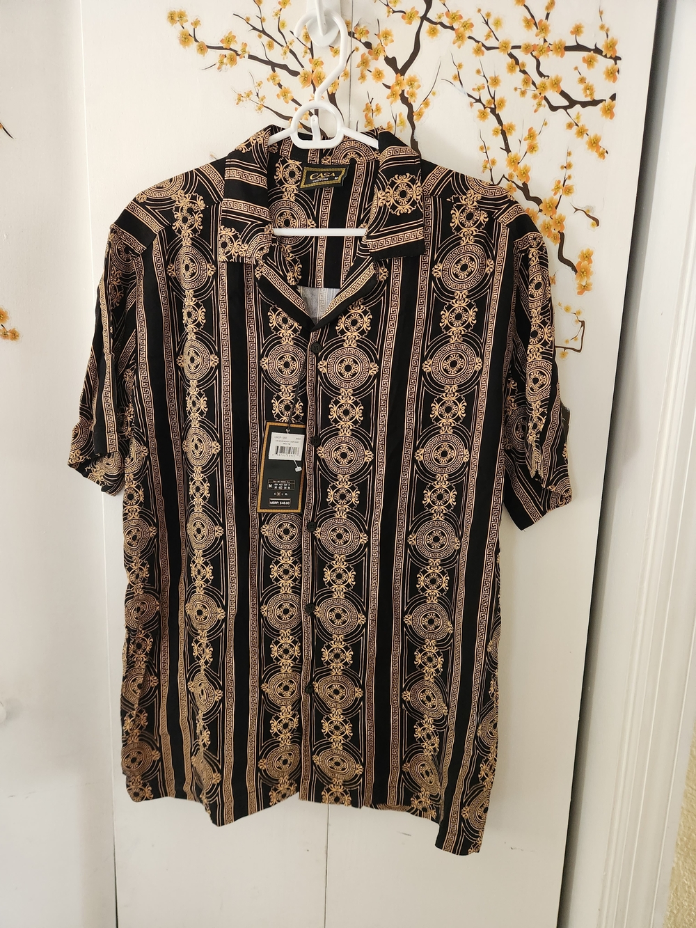 Men's Short-Sleeve Black & Gold Patterned Button-Down Shirt